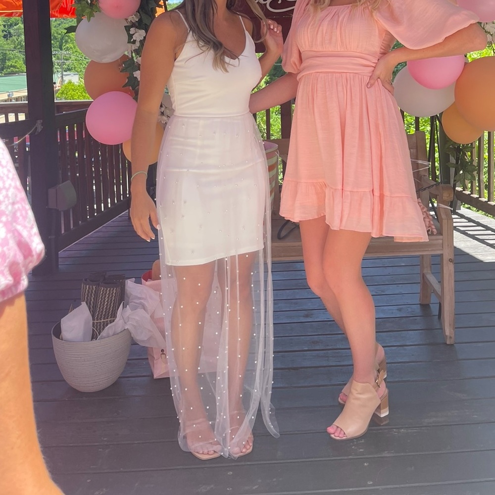 White Mini Dress with Pearl Overlay Lulu’s size Small - Picture 9 of 10